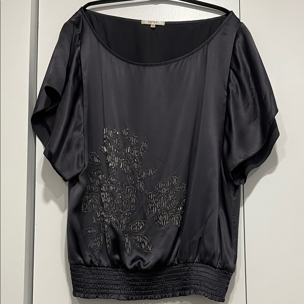 Silk flutter sleeve blouse with elegant beaded flowers